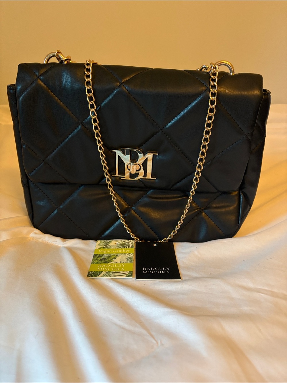 Badgley Mischka Black Quilted Shoulder Bag with Gold Chain